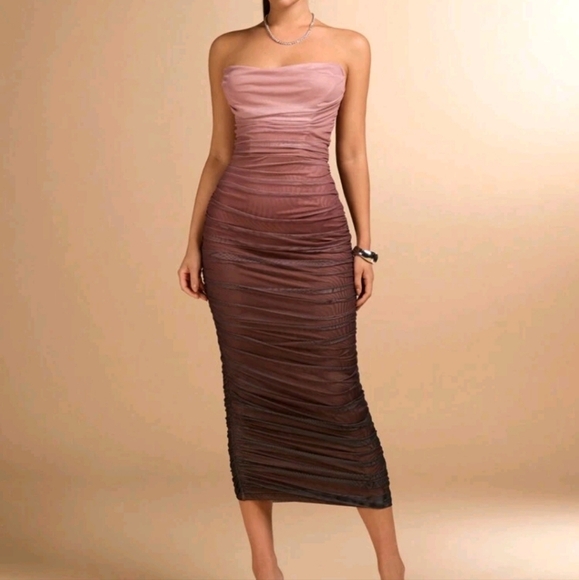 Women Elegant Minimalist Gradient Print Bodycon Midi Dress With Ruche Detail - Picture 2 of 4